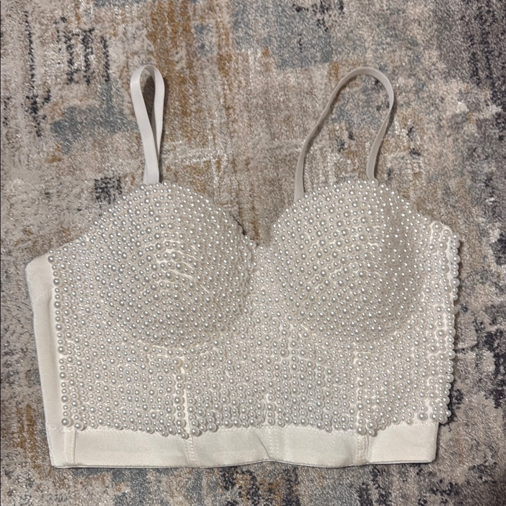 Cream Sleeveless Embellished Bustier Crop Top